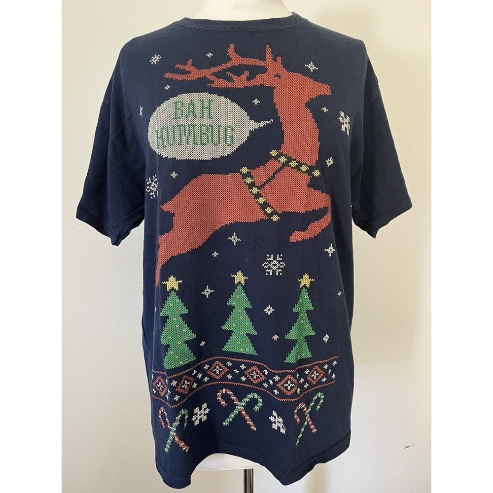 Vintage Fruit Of the Loom Ugly Christmas Bah Humbug T Shirt size Large Reindeer